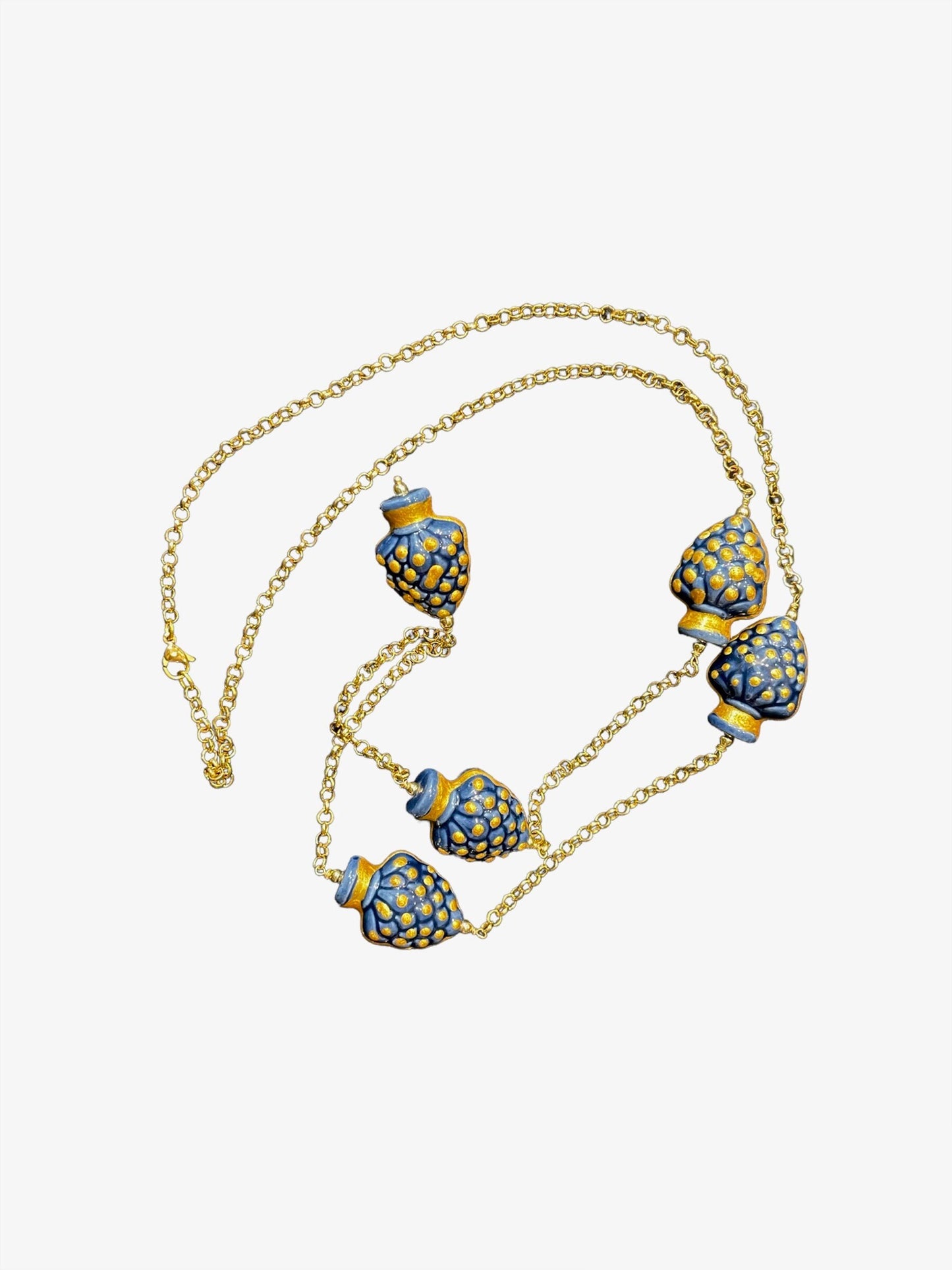 Collana siciliana, catena a maglia rolò e 5 pigne di ceramica di Caltagirone blu. regalo per lei.ç