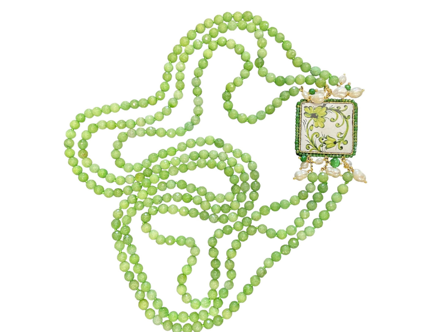 Collana con mattonella in ceramica di Caltagirone, collana siciliana multifilo, Agata verde e perle di fiume.!