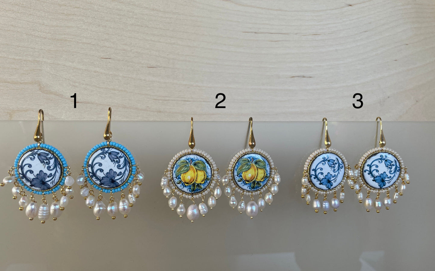 Orecchini caltagirone e perle di fiume, mattonella maiolica siciliana, orecchini argento pendenti, orecchini siciliani, regalo per lei *