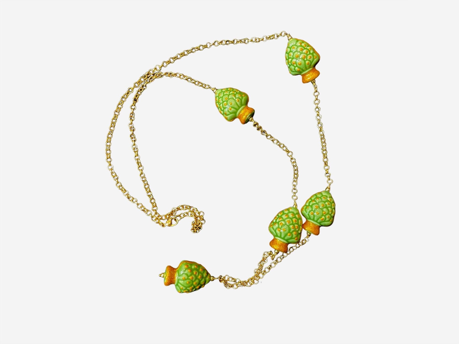 Collana siciliana, catena a maglia rolò e 5 pigne di ceramica di caltagirone verde. regalo per lei.ç