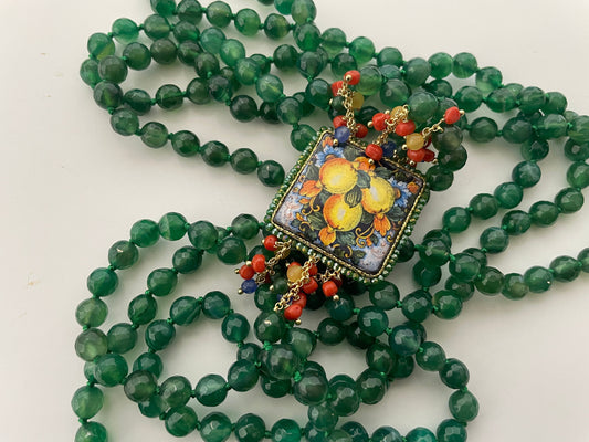 Collana tre fili, Agata verde, Mattonella ceramica di Caltagirone, grappoli pietre naturali, collana lunga, collana verde, maxi collana.!