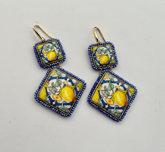 Orecchini siciliani, orecchini Caltagirone, orecchini limoni, maiolica siciliana, orecchini pendenti, orecchini mattonelle, argento 925 *