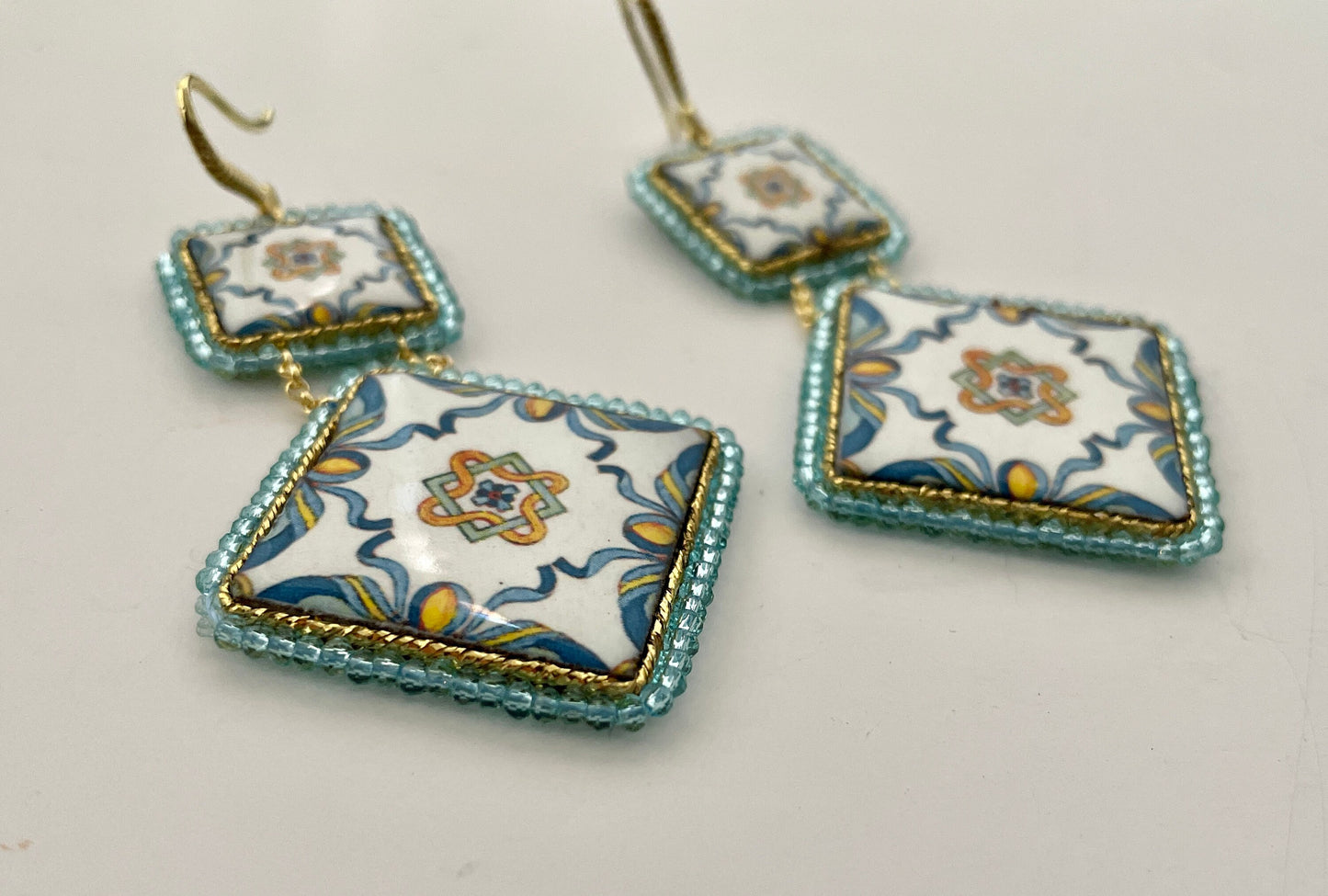 Orecchini Caltagirone, Orecchini siciliani, orecchini maiolica siciliana, orecchini pendenti, orecchini con mattonelle, argento 925 *