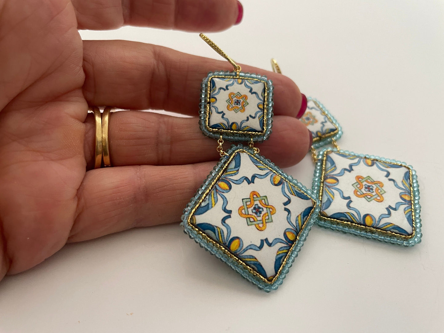 Orecchini Caltagirone, Orecchini siciliani, orecchini maiolica siciliana, orecchini pendenti, orecchini con mattonelle, argento 925 *