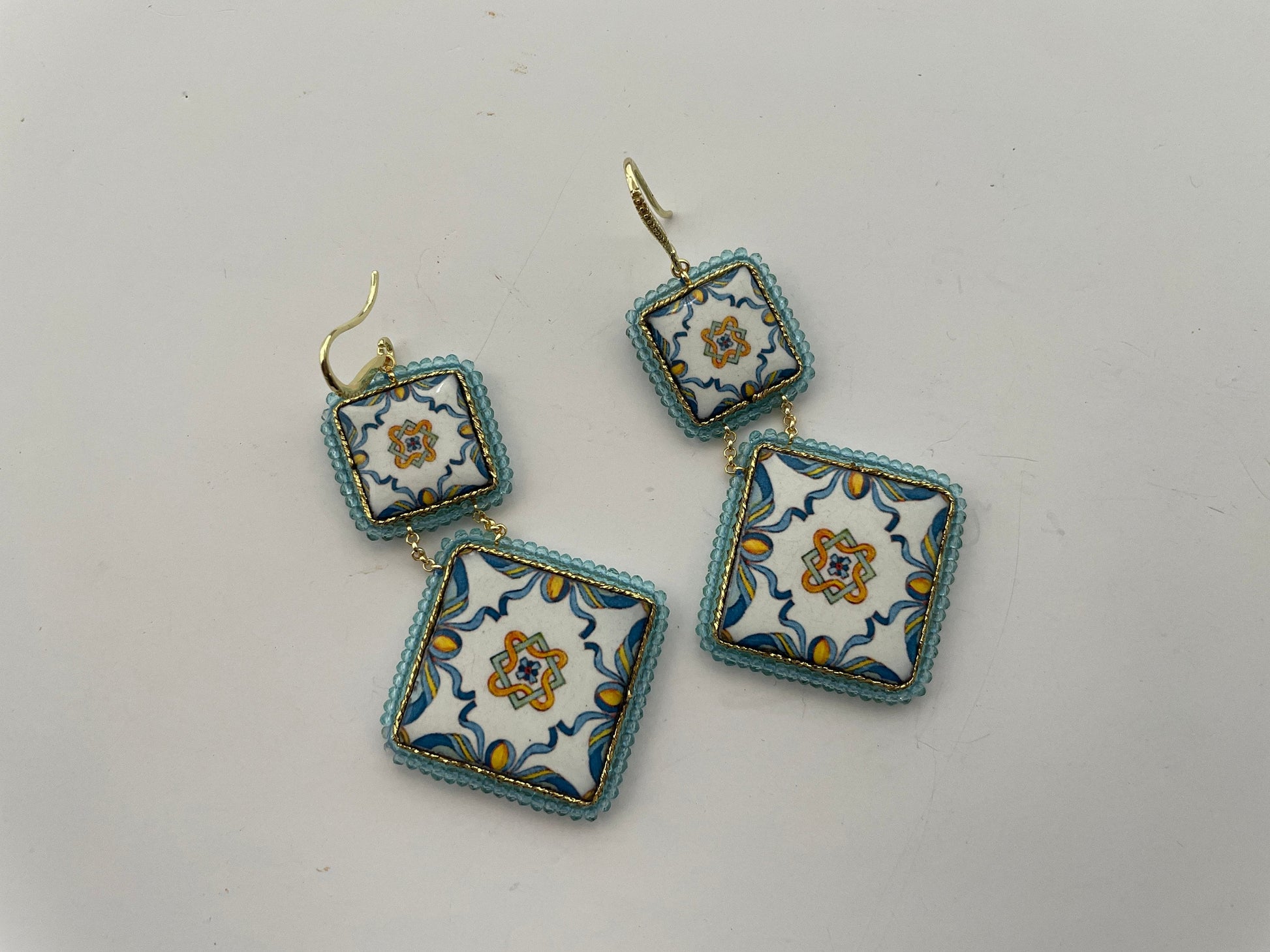 Orecchini Caltagirone, Orecchini siciliani, orecchini maiolica siciliana, orecchini pendenti, orecchini con mattonelle, argento 925 *