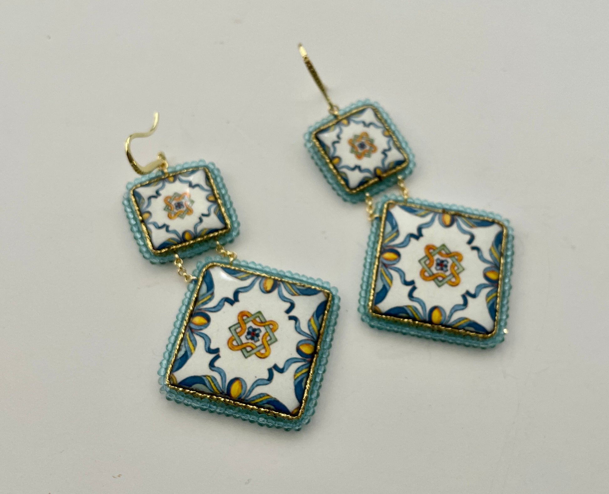 Orecchini Caltagirone, Orecchini siciliani, orecchini maiolica siciliana, orecchini pendenti, orecchini con mattonelle, argento 925 *