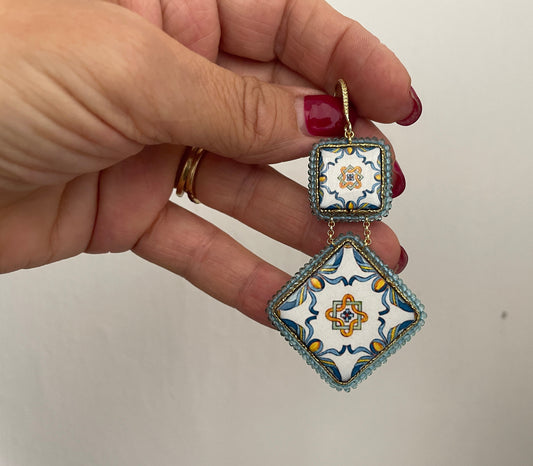 Orecchini Caltagirone, Orecchini siciliani, orecchini maiolica siciliana, orecchini pendenti, orecchini con mattonelle, argento 925 *