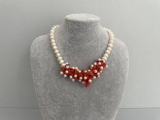 Splendido collier perle barocche, corallo autentico del mediterraneo, collana siciliana, corallo naturale e perle naturali. )