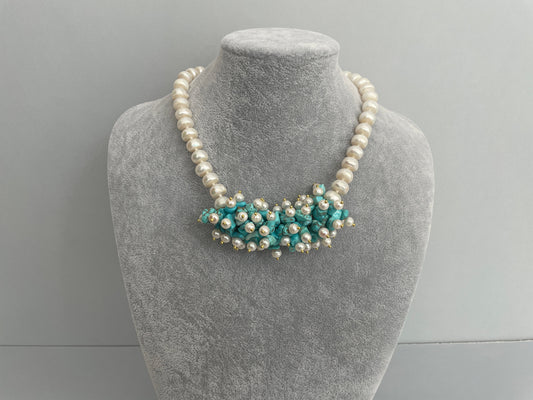 Splendido collier perle barocche, Trionfo di turchesi e perle, collana siciliana, pasta di turchese e perle naturali. )