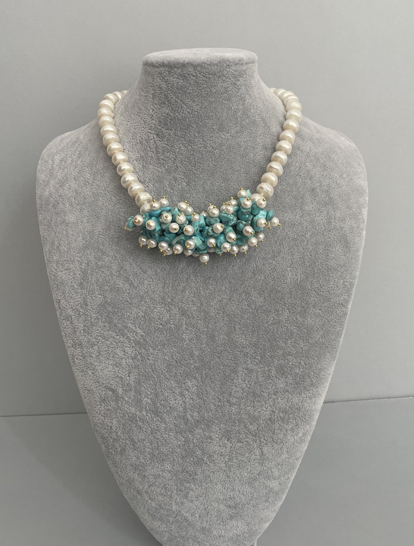 Splendido collier perle barocche, Trionfo di turchesi e perle, collana siciliana, pasta di turchese e perle naturali. &