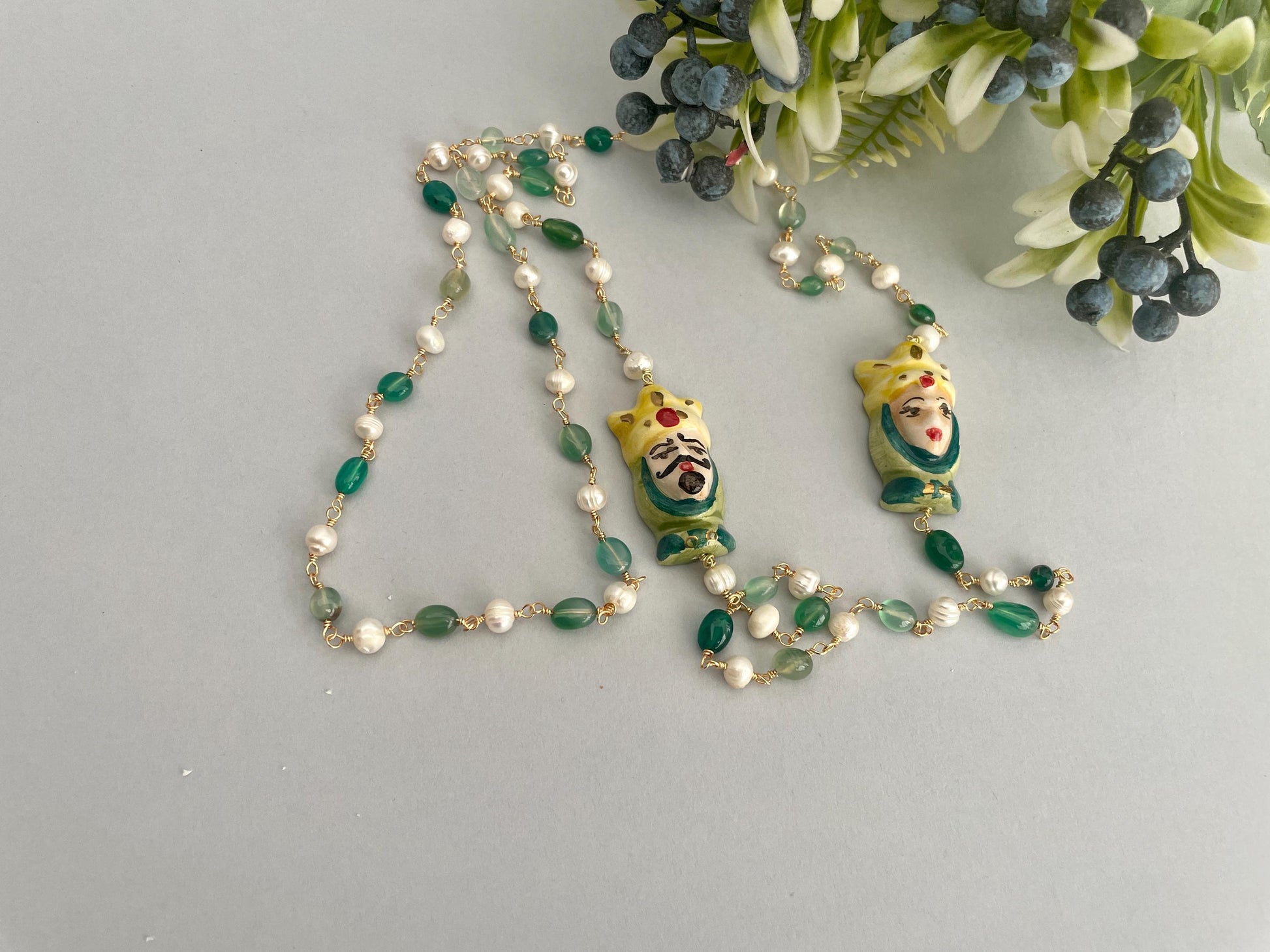 Collana siciliana, collana maxi, catena rosario Tormalina verde, Teste di mori di ceramica di Caltagirone, regalo per lei, collana unisex. ç