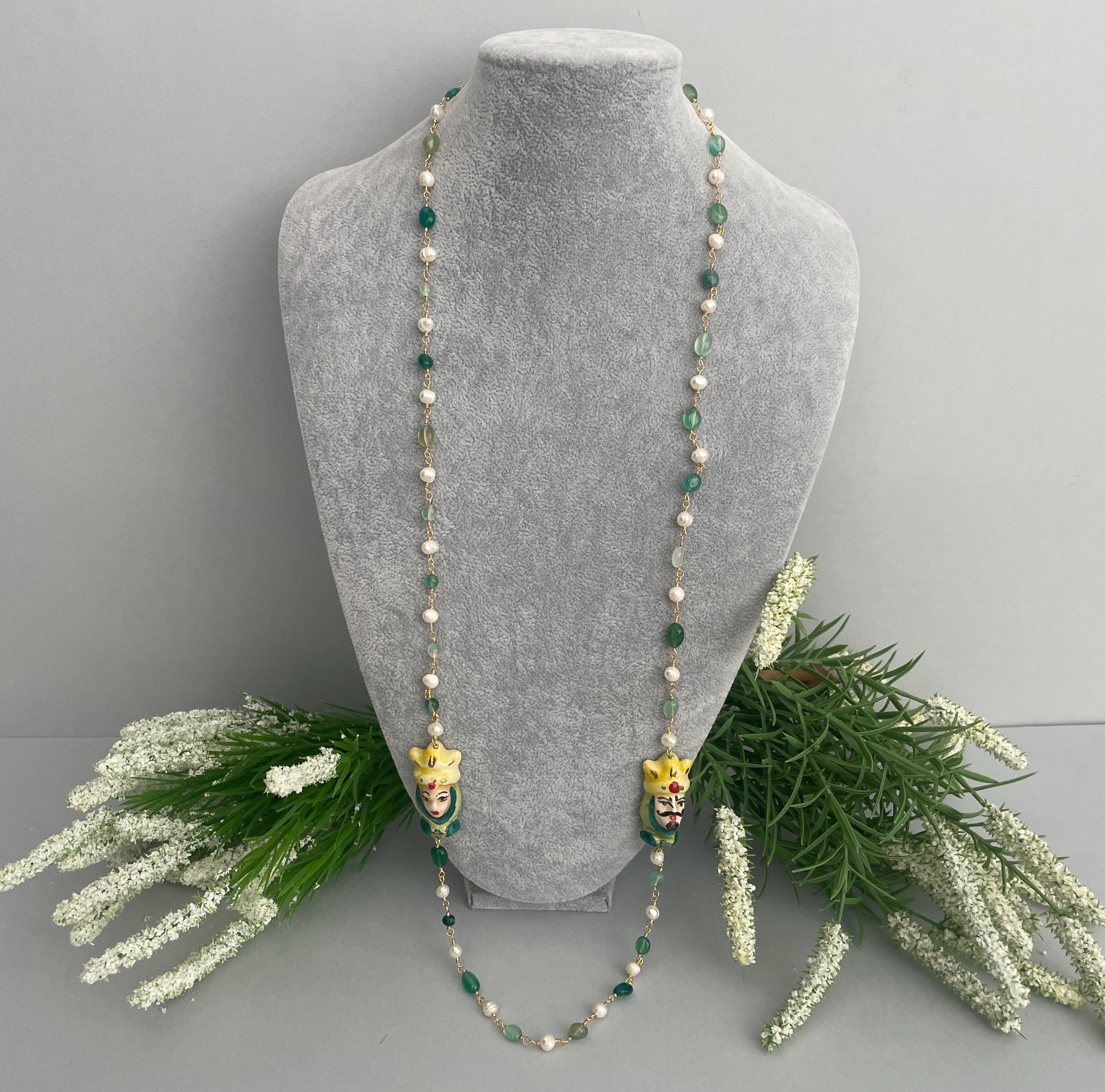 Collana siciliana, collana maxi, catena rosario Tormalina verde, Teste di mori di ceramica di Caltagirone, regalo per lei, collana unisex. ç