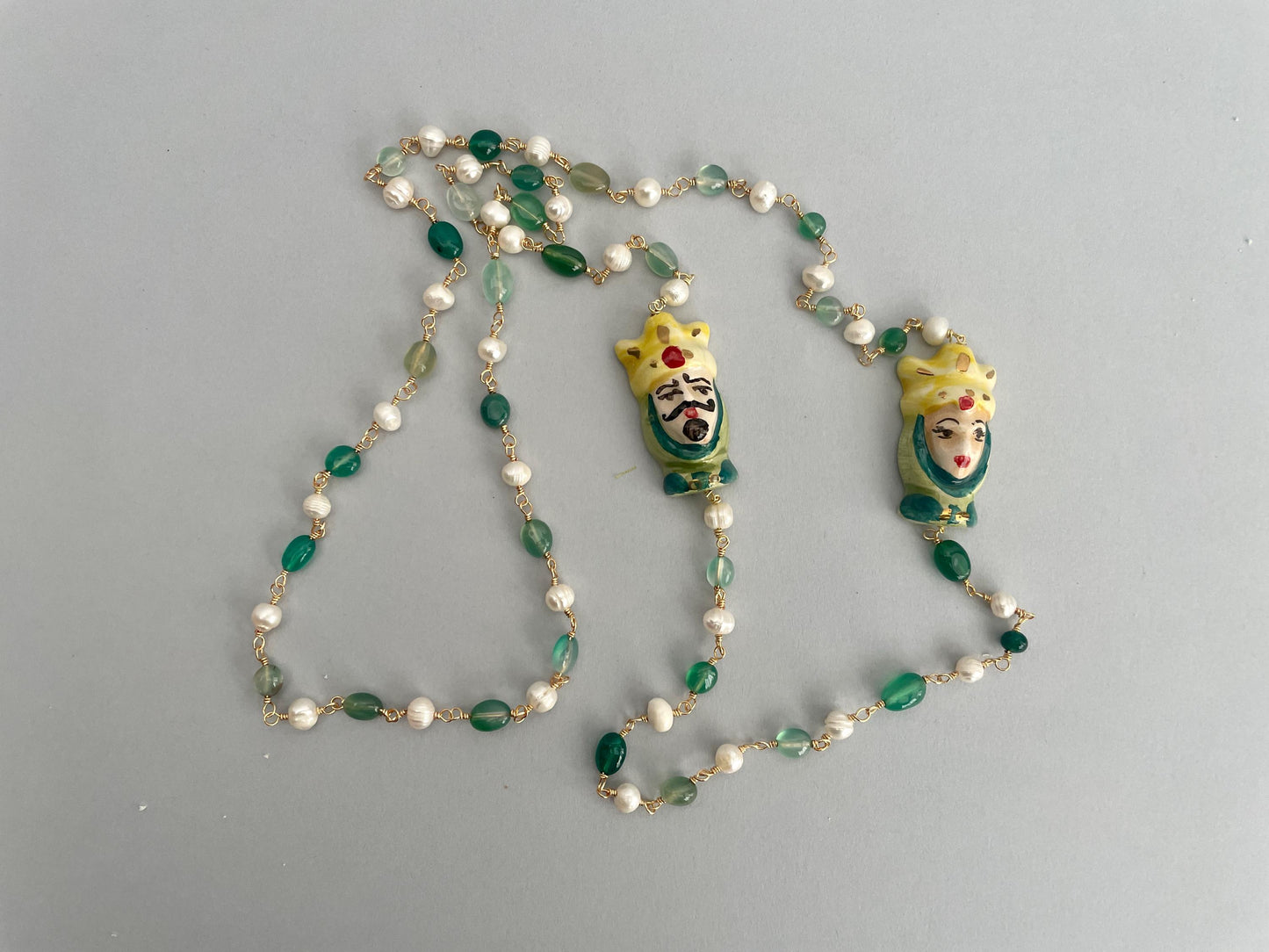 Collana siciliana, collana maxi, catena rosario Tormalina verde, Teste di mori di ceramica di Caltagirone, regalo per lei, collana unisex. ç