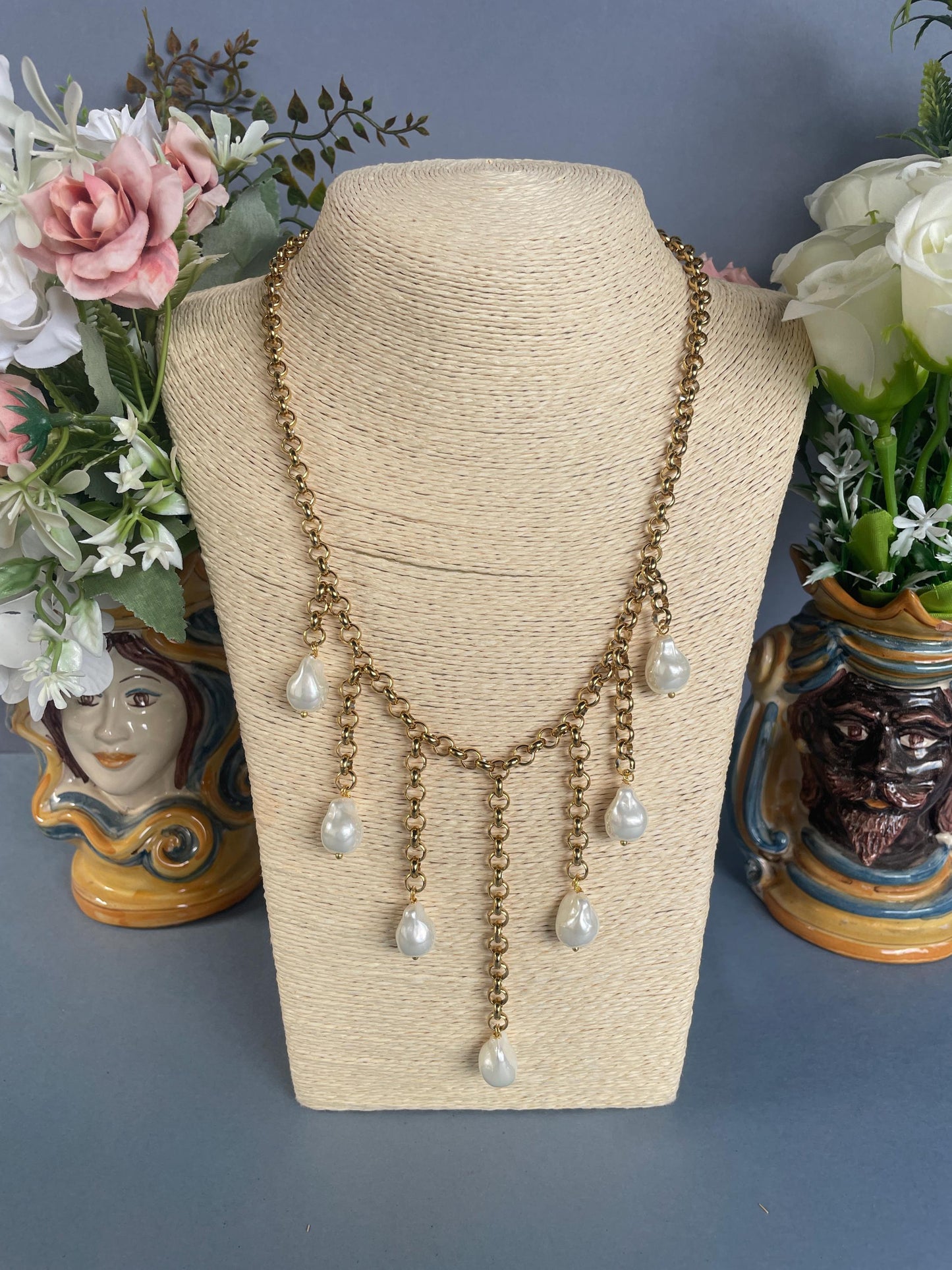 Collana con catena Rolo in acciaio inox, oro, girocollo con perle barocche, collana boho, collana vintage, stile anni '30, regalo per lei. =