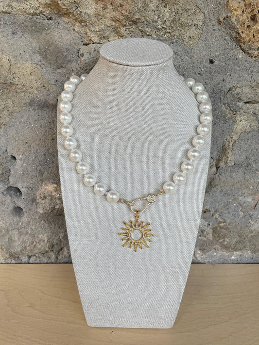 Collana di perle, girocollo con grandi perle Maiorca, collana con perle annodate a mano, pendente Stella a 16 punte, chiusura gioiello.)