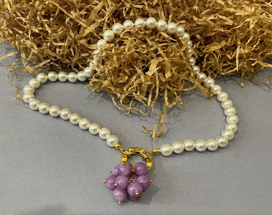 Collana di perle Maiorca, ciondolo a grappolo con perle di Agata lilla, collana di perle, girocollo con grappolo di gemme, regalo per lei. )