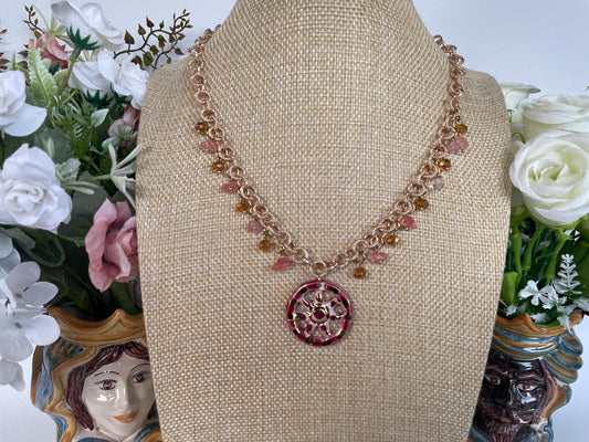 Collana siciliana con catena alluminio oro anallergico, pendente Ruota di Carretto di ceramica di Caltagirone, colore Rosa. ç