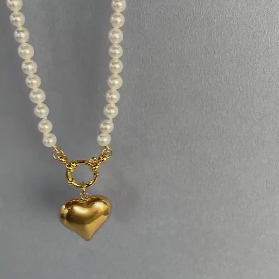 Collana perle con Cuore, girocollo delicato e minimalista, collana perle Maiorca con ciondolo acciaio inox, oro 14k, regalo ragazza.)