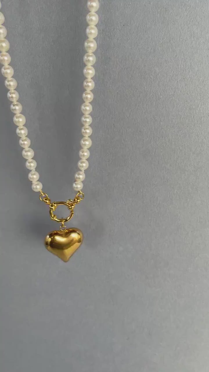 Collana perle con Cuore, girocollo delicato e minimalista, collana perle Maiorca con ciondolo acciaio inox, oro 14k, regalo ragazza.)