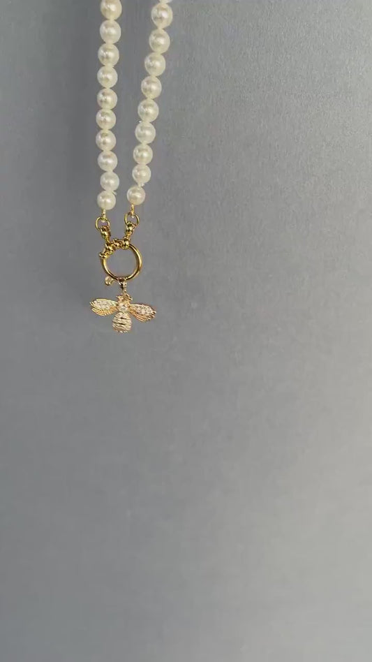 Girocollo delicato e minimalista, collana perle Maiorca con ciondolo acciaio inox, oro 14k, ciondolo Ape con zirconi, regalo ragazza.)