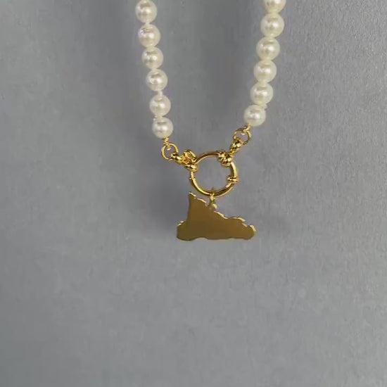 Collana di perle, girocollo delicato e minimalista, perle Maiorca e ciondolo acciaio inox, oro 14k, collana Sicilia, regalo damigella.)