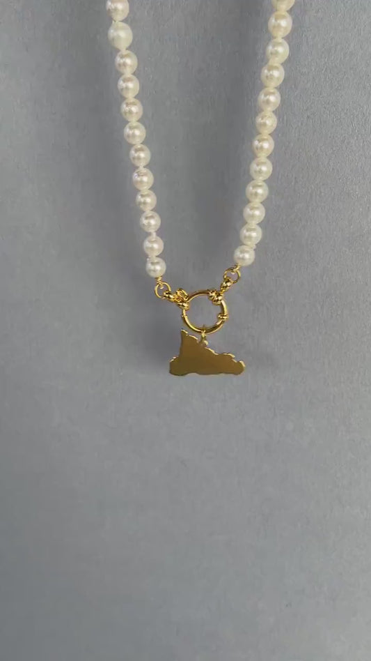 Collana di perle, girocollo delicato e minimalista, perle Maiorca e ciondolo acciaio inox, oro 14k, collana Sicilia, regalo damigella.)