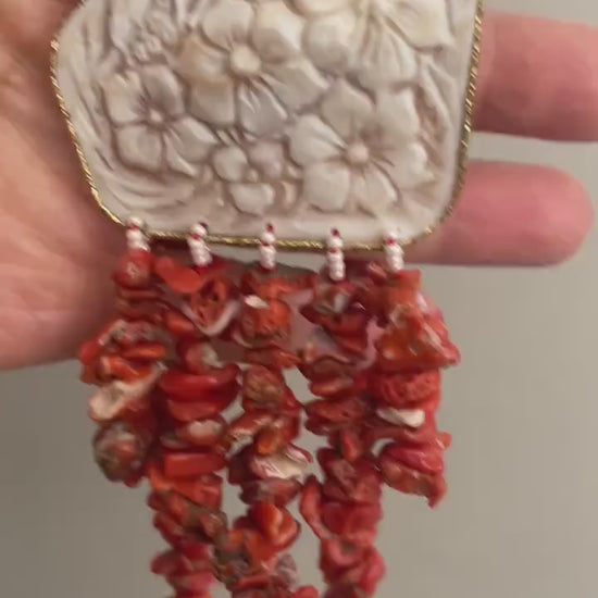 Collana di Corallo, collana con Cammeo, Cammeo autentico, ciondolo Cammeo, collana importante, collana siciliana, regalo per lei.|