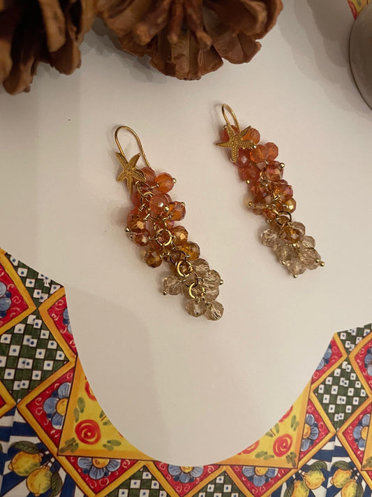 Orecchini siciliani, gancio stella argento 925, orecchini pendenti, grappolo di cristalli variazioni arancione, regalo per lei.(
