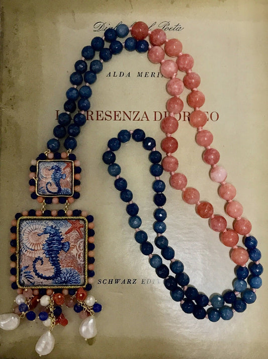 Collana siciliana con perle miste, agata rosa e agata blu, mattonelle di ceramica di caltagirone. regalo ragazza.!