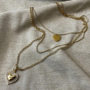 Collana con catene multiple, acciaio inossidabile placcato oro, ciondoli a cuore. regalo san valentino
