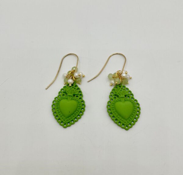 Orecchini pendenti, cuore sacro verde, grappolo perle fiume e avventurina regalo ragazza.§