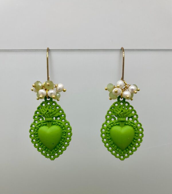Orecchini pendenti, cuore sacro verde, grappolo perle fiume e avventurina regalo ragazza.§