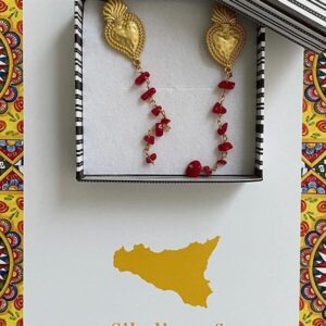 Orecchini siciliani lunghi, perno in zama, pesce o cuore sacro, e lungo pendente di chips di corallo §
