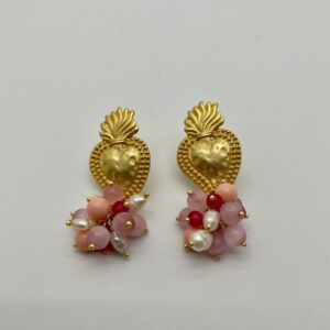 Orecchini cuore sacro, ottone, orecchini a grappolo, perle rosa, perle di fiume regalo per lei.§