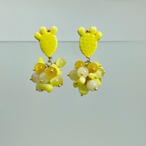 Orecchini argento 925, orecchini a grappolo, fico d'india ceramica Caltagirone, grappolo di pietre dure di vari colori sui toni del giallo §