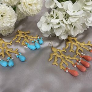 Orecchini oversize, orecchini argento 925, orecchini zama oro, orecchini con perle a goccia, grande pendente ramo di corallo zama §