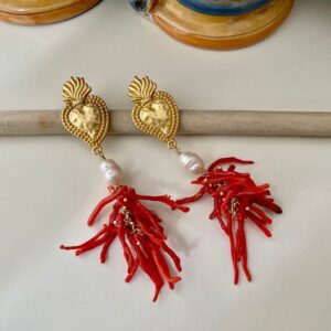 Orecchini siciliani, orecchini con cuore sacro, orecchini grappolo corallo autentico, orecchini maxi, perla barocca e rami di corallo vero §