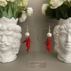 Orecchini argento 925, grappolo rami di corallo autentico del Mediterraneo, perla barocca, orecchini siciliani, regalo per lei. §