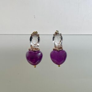 Orecchini pendenti, perni cristallo trasparente, Cuori di ceramica viola ametista, orecchini romantici, regalo per lei. (
