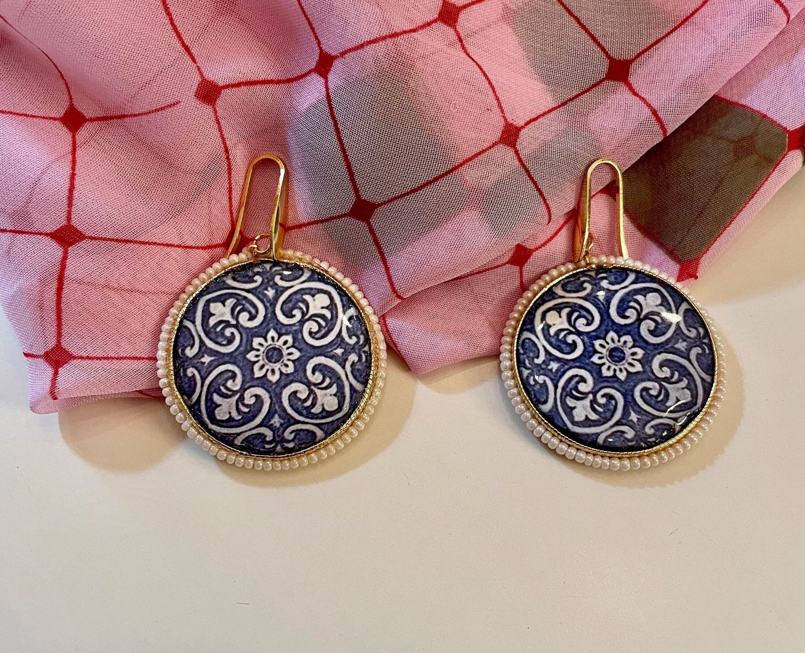 Orecchini siciliani argento sterling 925 e grande mattonella di ceramica di caltagirone Orecchini con Mattonelle Caltagirone