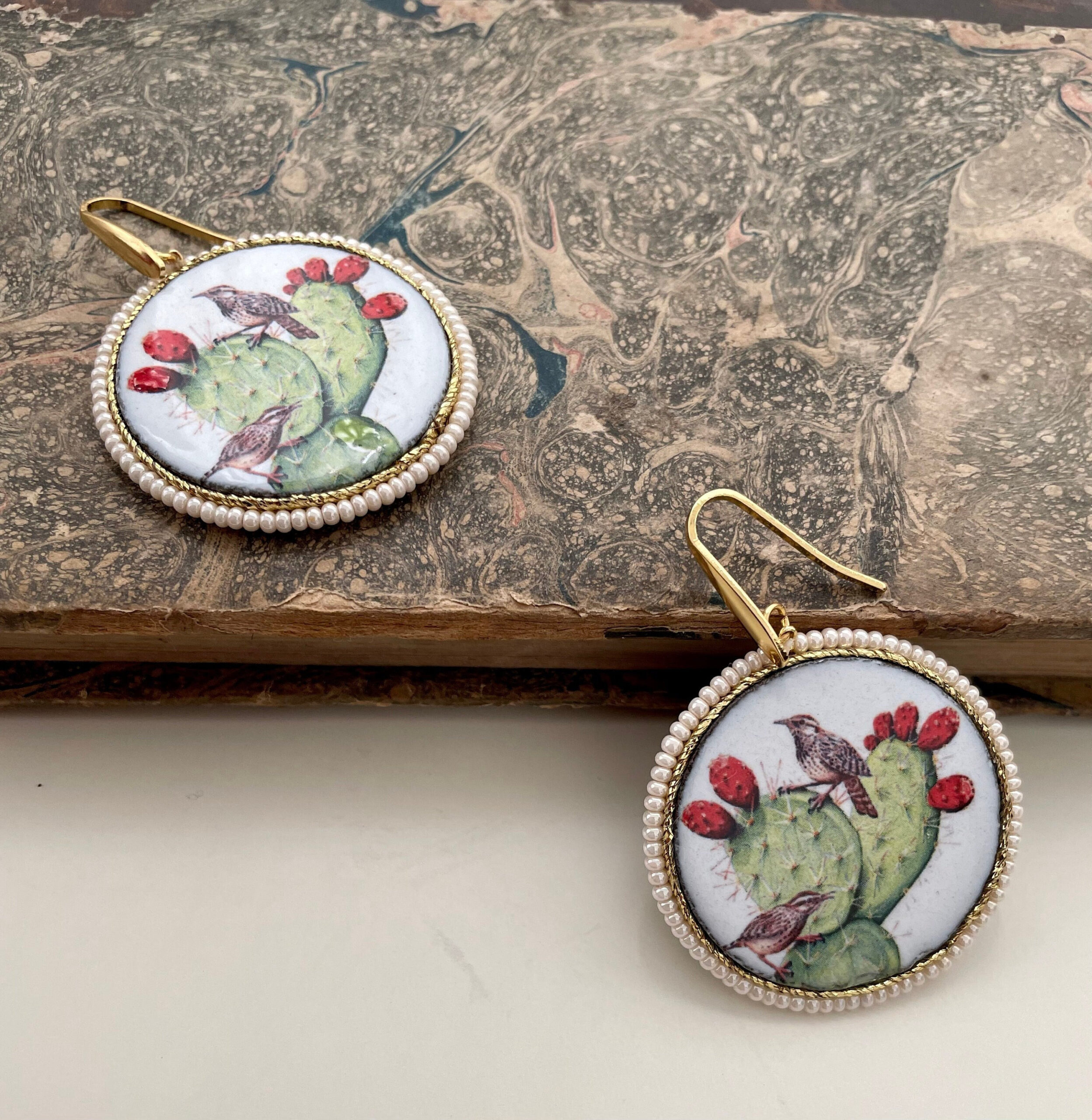 Orecchini siciliani argento sterling 925 e grande mattonella di ceramica di caltagirone Fichi d'India e cactus