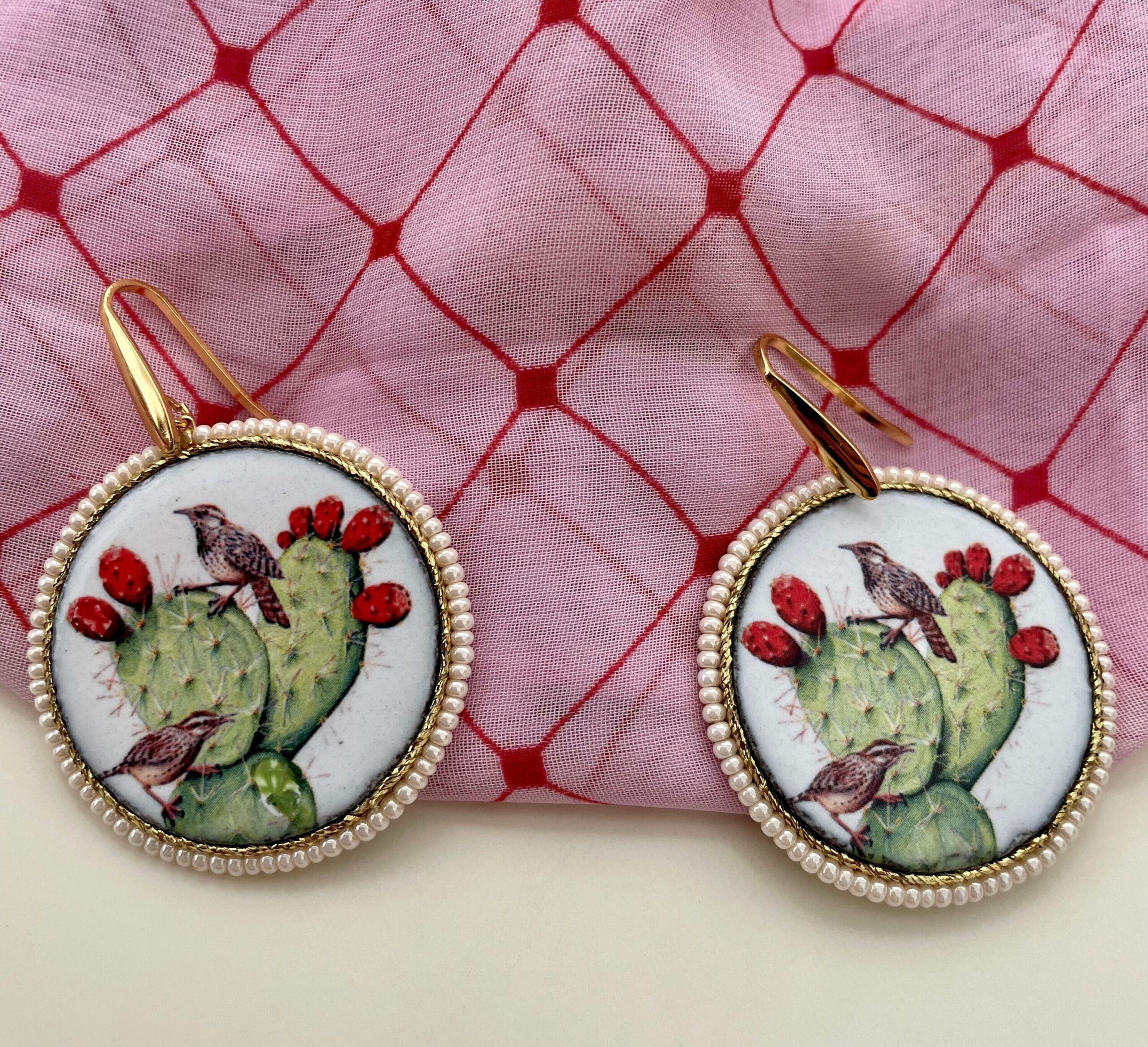 Orecchini siciliani argento sterling 925 e grande mattonella di ceramica di caltagirone Fichi d'India e cactus