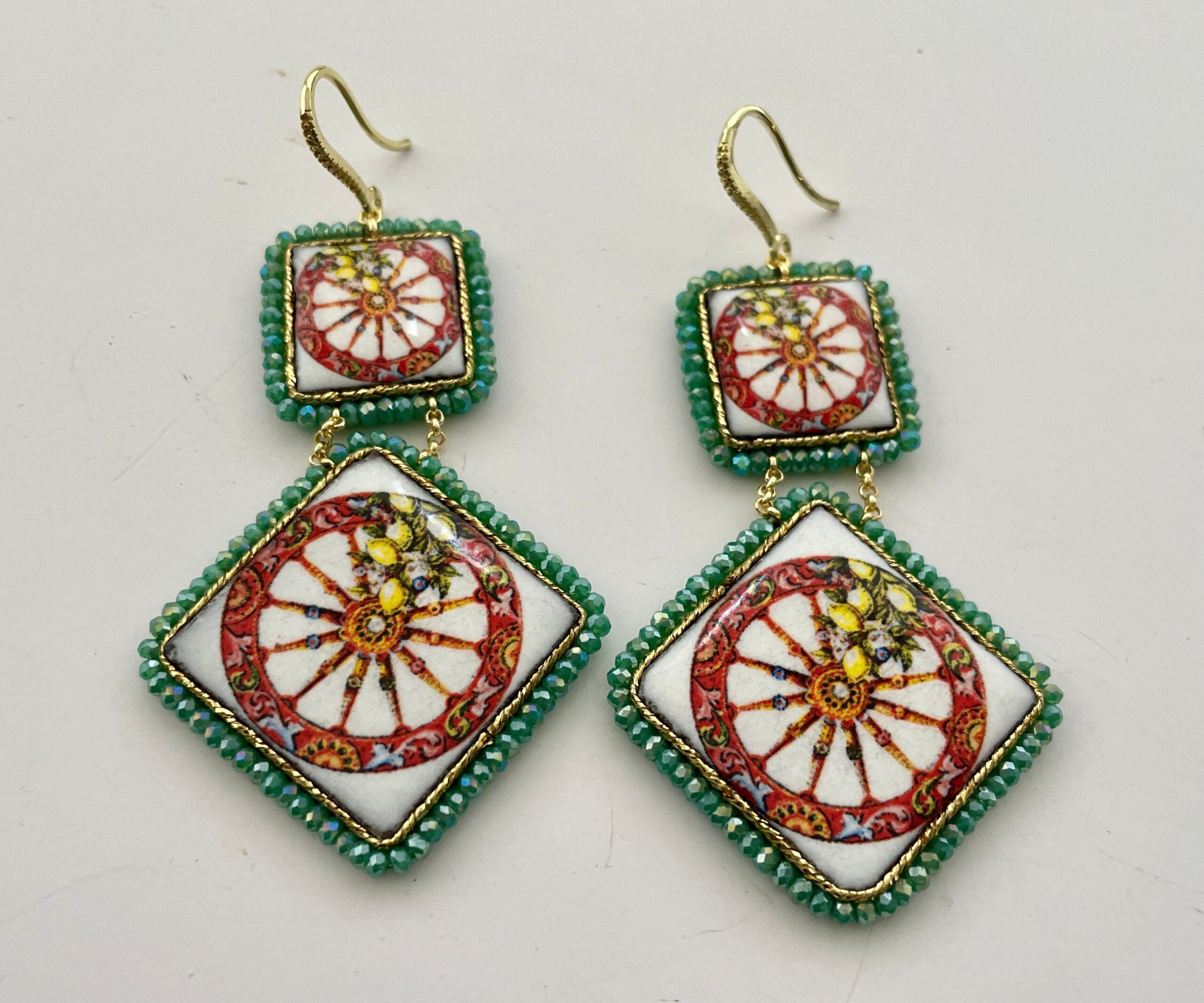 Orecchini siciliani, orecchini Caltagirone, orecchini con Ruota carretto, maiolica siciliana, orecchini mattonelle, argento 925 Folklore siciliano