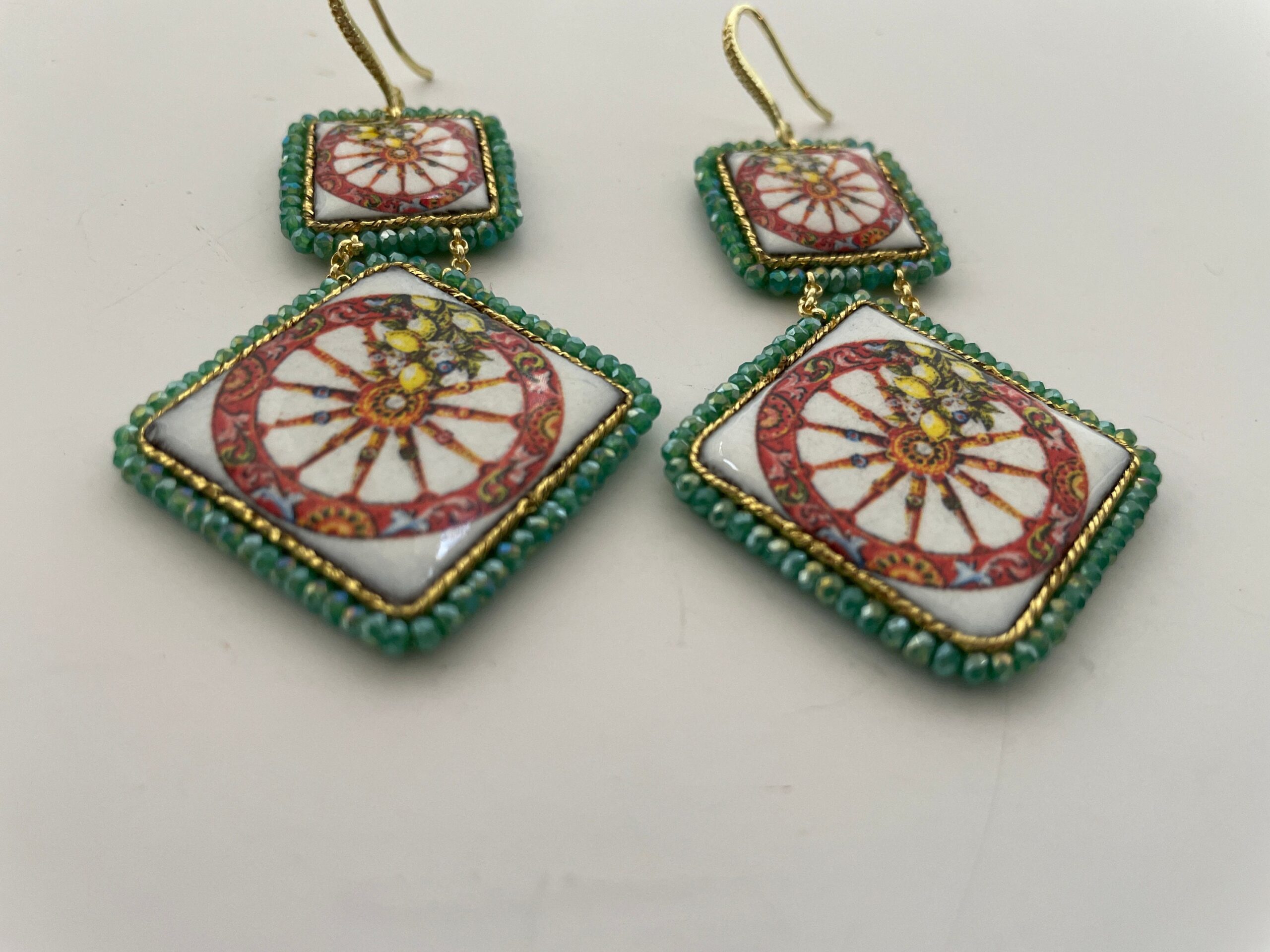 Orecchini siciliani, orecchini Caltagirone, orecchini con Ruota carretto, maiolica siciliana, orecchini mattonelle, argento 925 Folklore siciliano