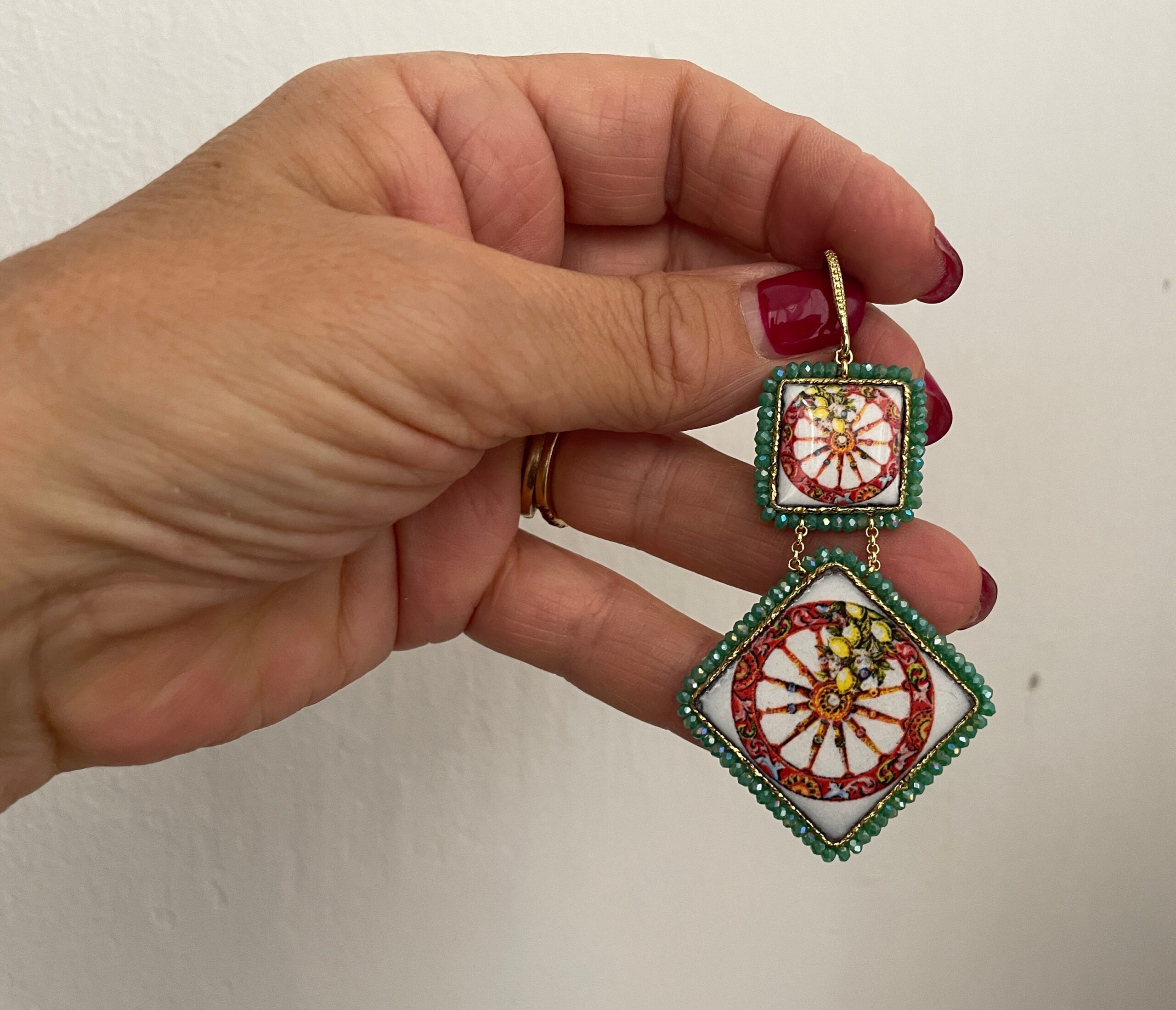Orecchini siciliani, orecchini Caltagirone, orecchini con Ruota carretto, maiolica siciliana, orecchini mattonelle, argento 925 Folklore siciliano