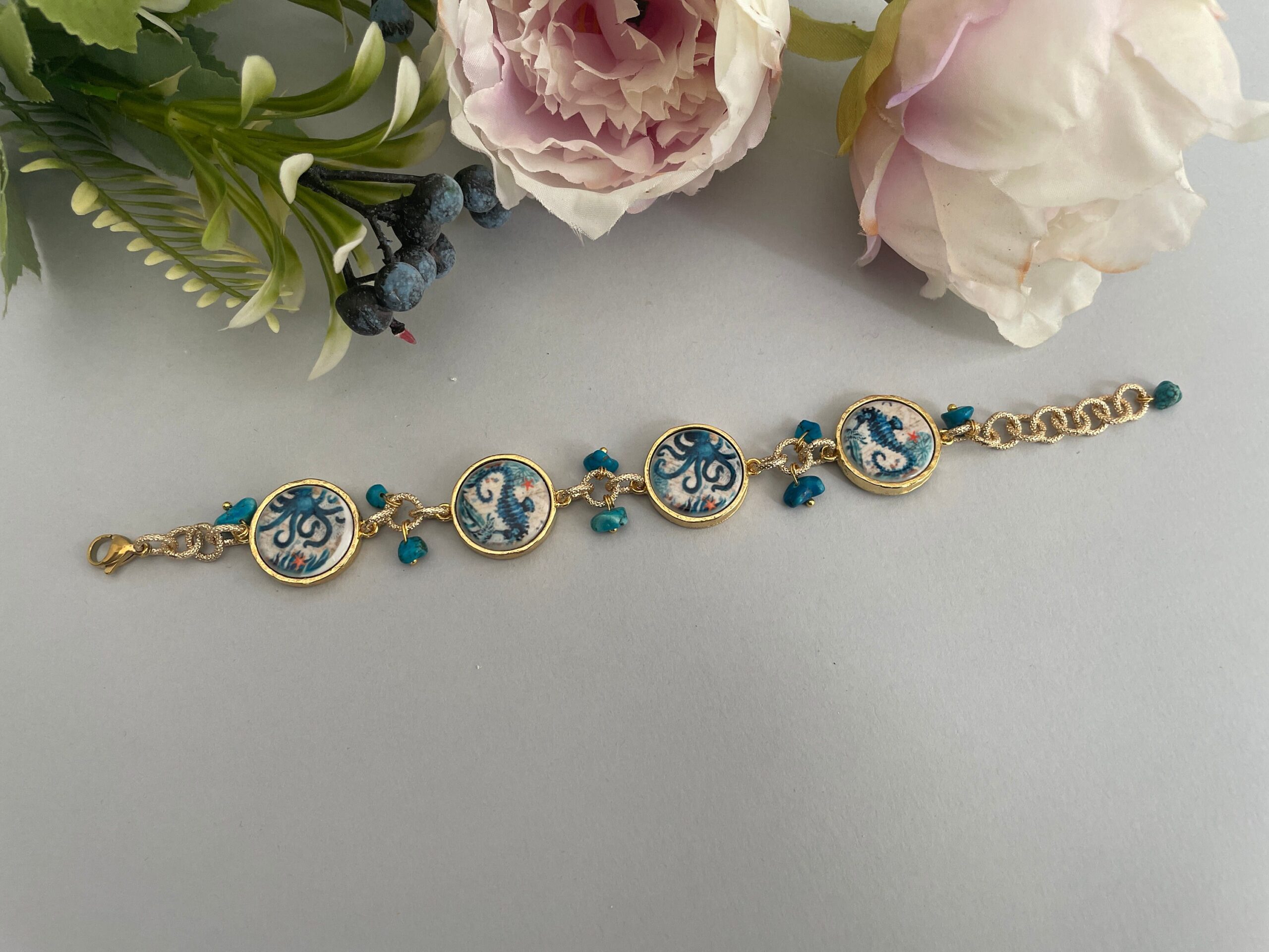 Bracciale mattonelle, Bracciale siciliano, mattonelle ceramica Caltagirone, Polipo e Cavalluccio marino, catena a maglie, regalo per lei. Bracciali con Mattonelle Caltagirone