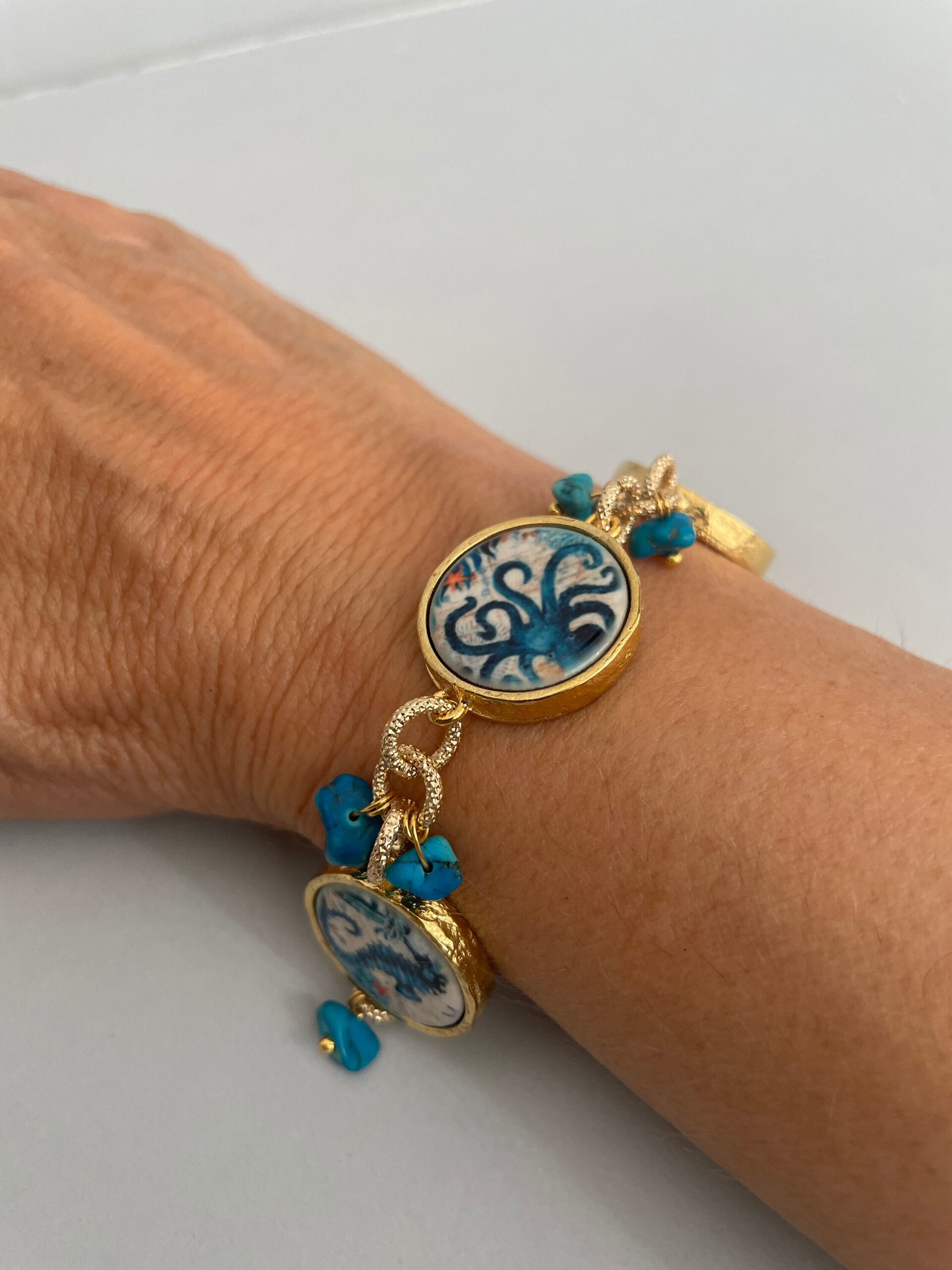 Bracciale mattonelle, Bracciale siciliano, mattonelle ceramica Caltagirone, Polipo e Cavalluccio marino, catena a maglie, regalo per lei. Bracciali con Mattonelle Caltagirone