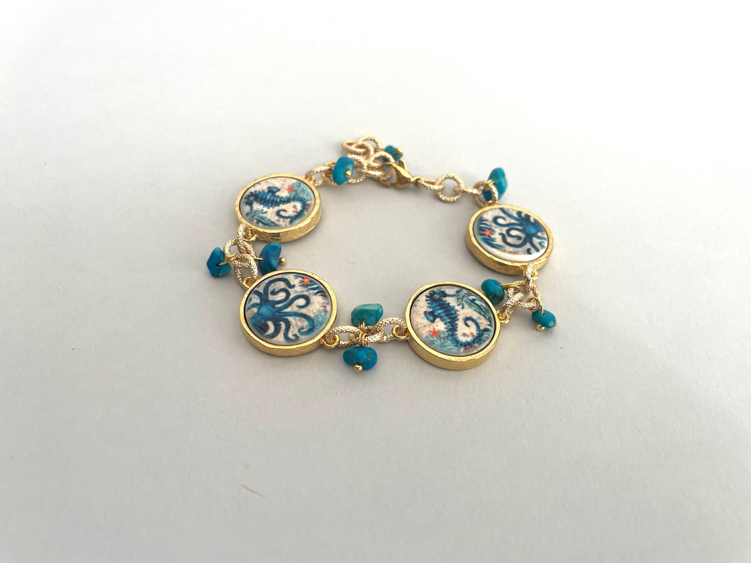 Bracciale mattonelle, Bracciale siciliano, mattonelle ceramica Caltagirone, Polipo e Cavalluccio marino, catena a maglie, regalo per lei. Bracciali con Mattonelle Caltagirone