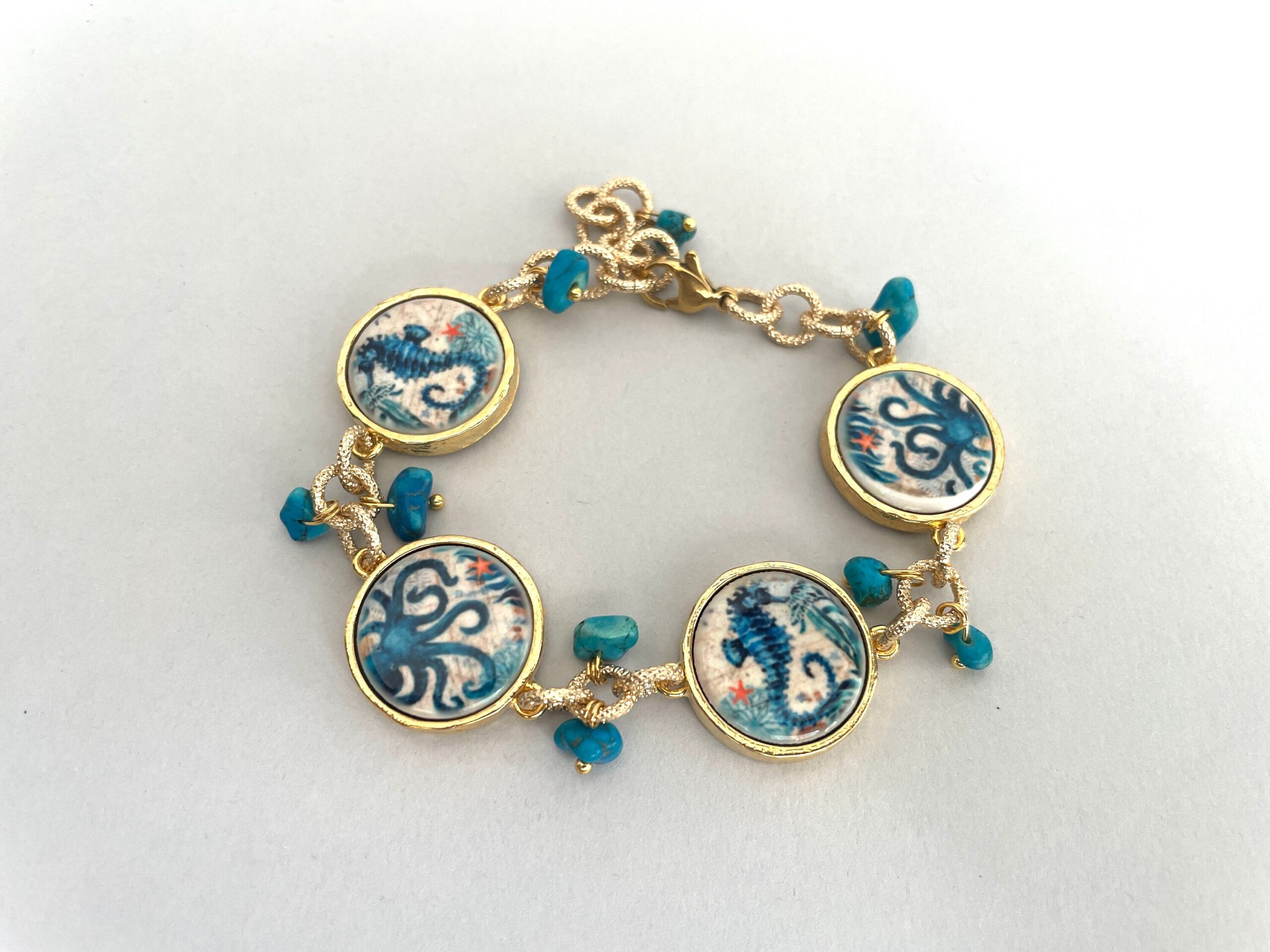 Bracciale mattonelle, Bracciale siciliano, mattonelle ceramica Caltagirone, Polipo e Cavalluccio marino, catena a maglie, regalo per lei. Bracciali con Mattonelle Caltagirone