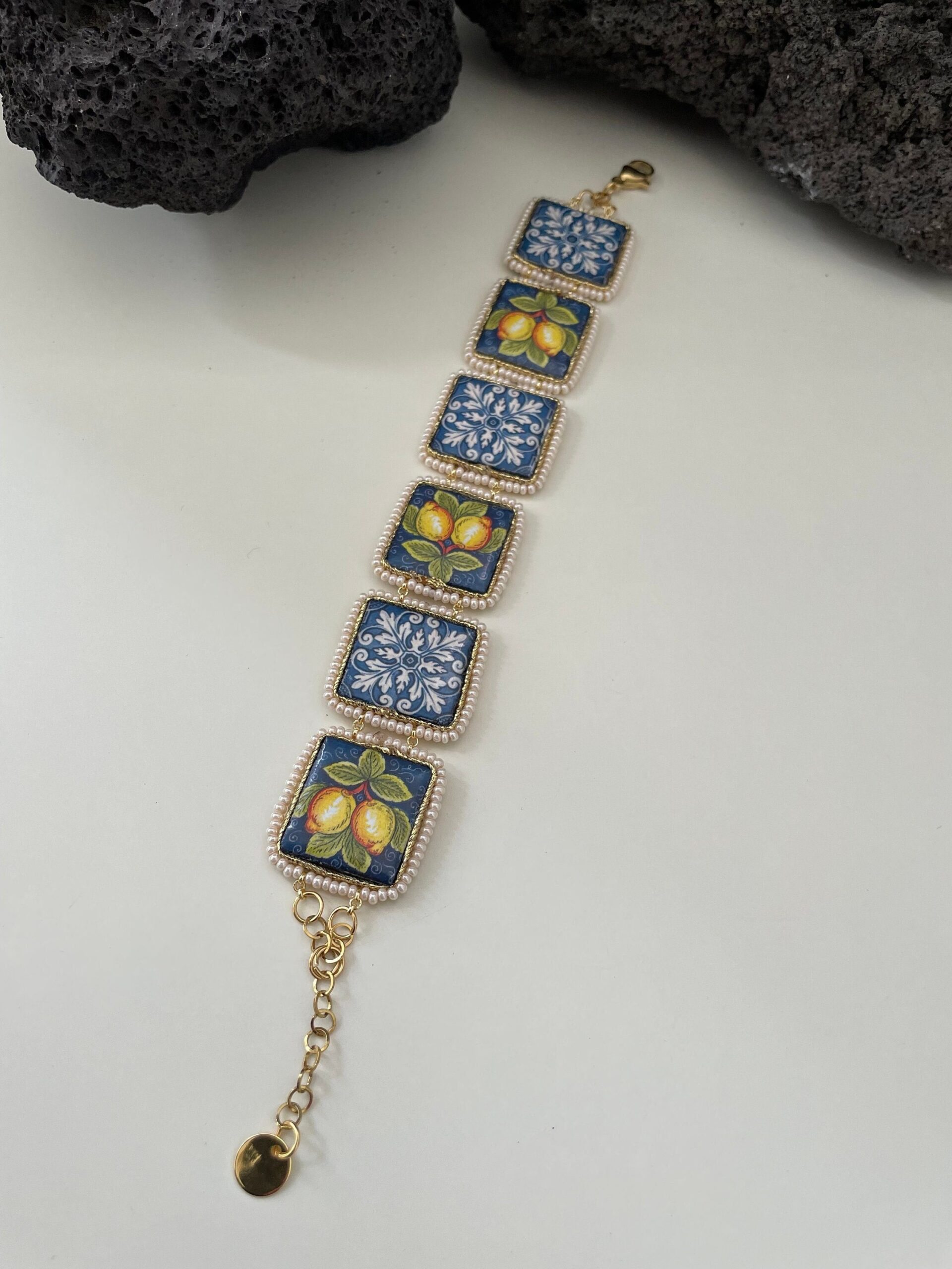 Bracciale mattonelle, Bracciale siciliano, con mattonelle ceramica di caltagirone, fantasia maiolica siciliana, varie fantasie. Bracciali con Mattonelle Caltagirone